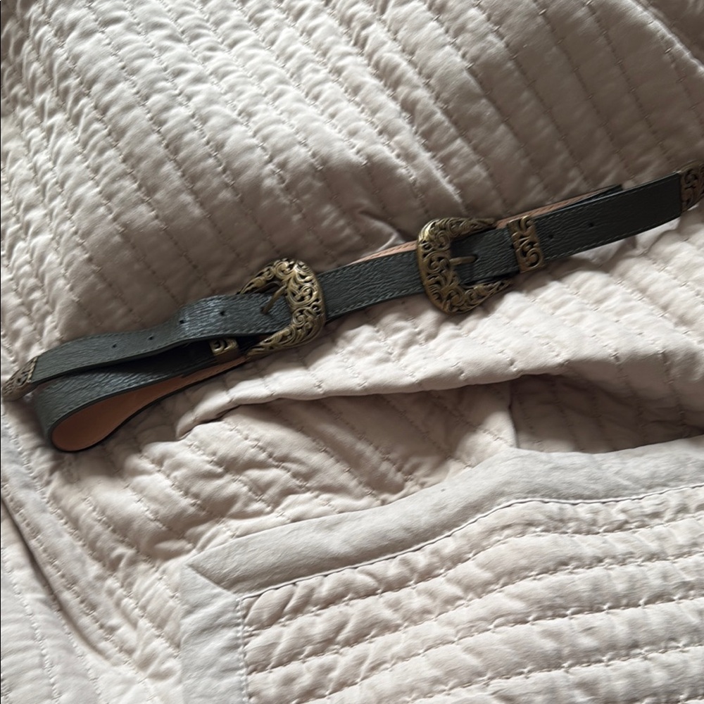 Green Leather Belt with Gold Buckles western style